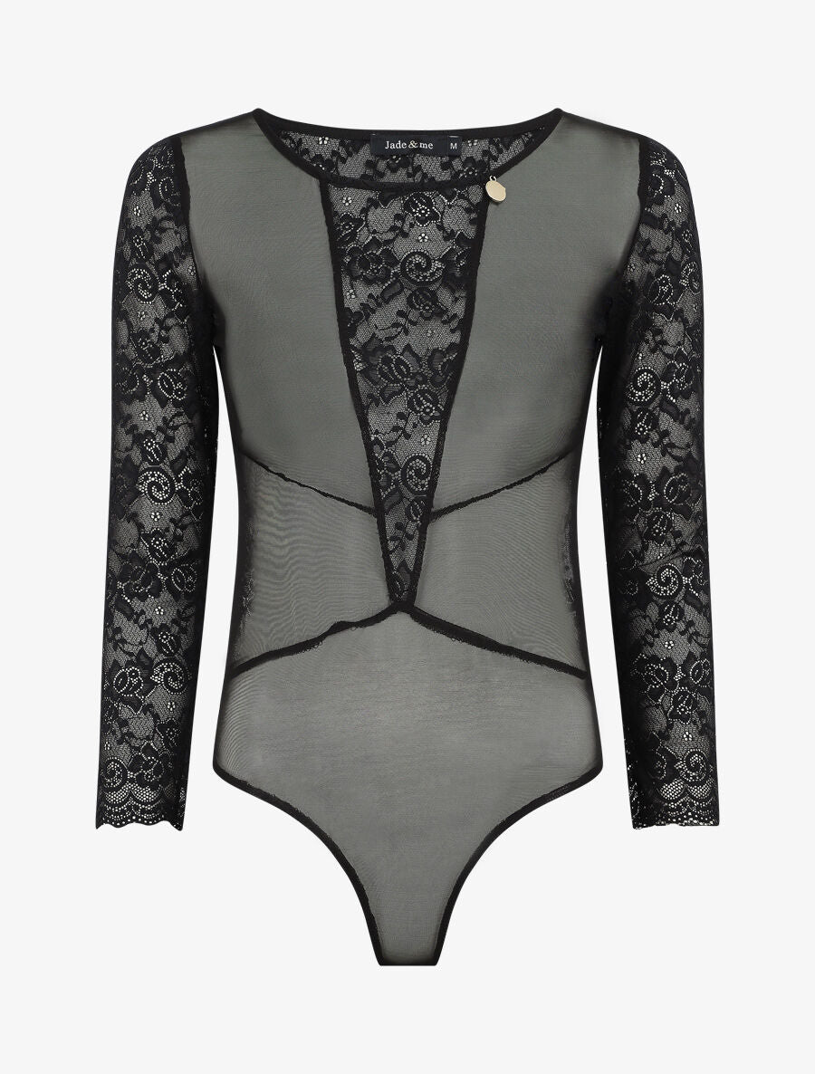 Body transparent à empiècements dentelle - Noir - 4