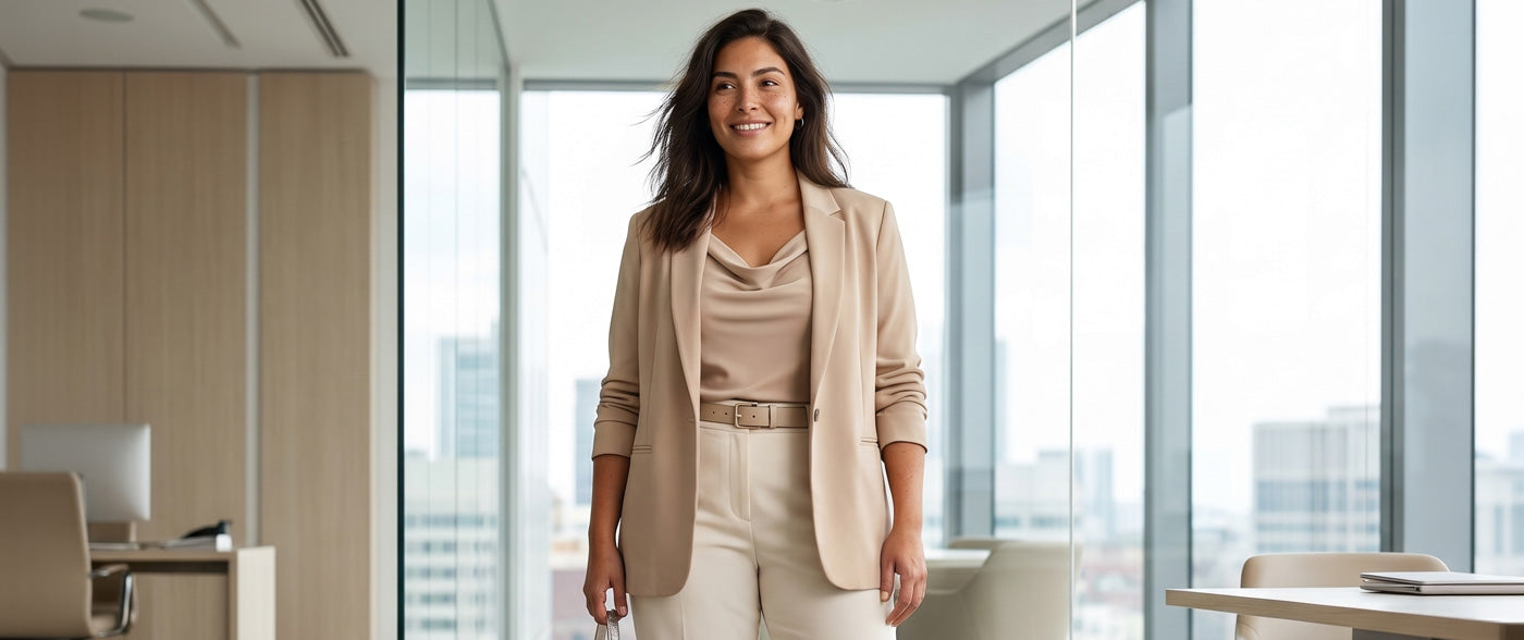 Femme élégante devant des bureaux modernes — working girl été 2026 chic et fraîche