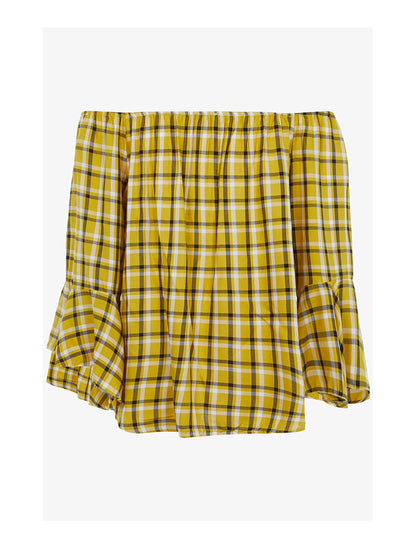 Blouse à épaules nues imprimé tartan - moutarde - 2