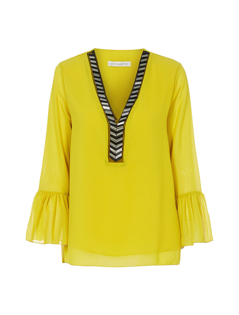Blouse encolure à perles tubes - jaune - 1