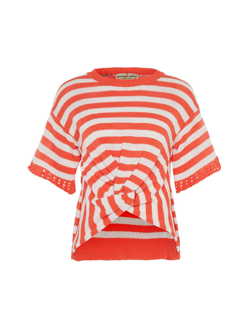 Pull rayé avant torsadé en coton mélangé - corail/blanc - 1