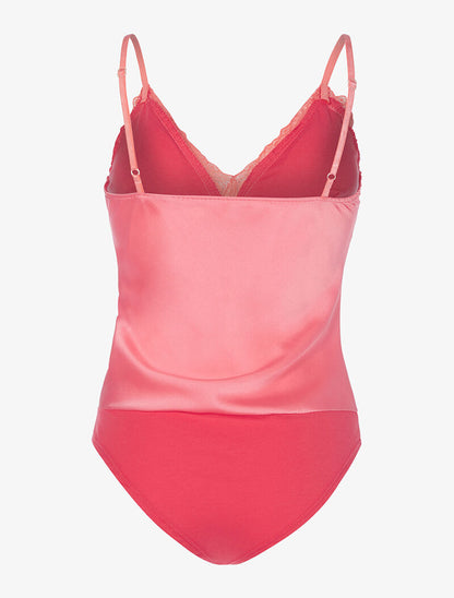 Body satiné à ventre dentelle - rose - 2