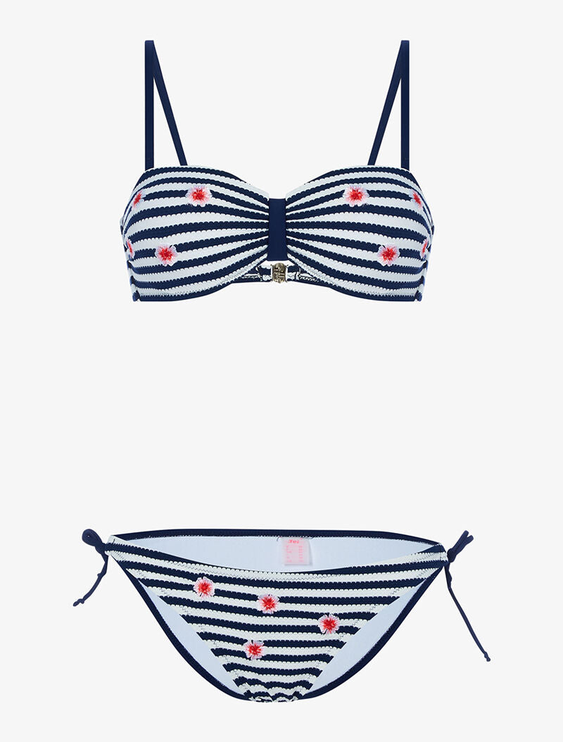 Bikini rayé à fleurs - marine - 1