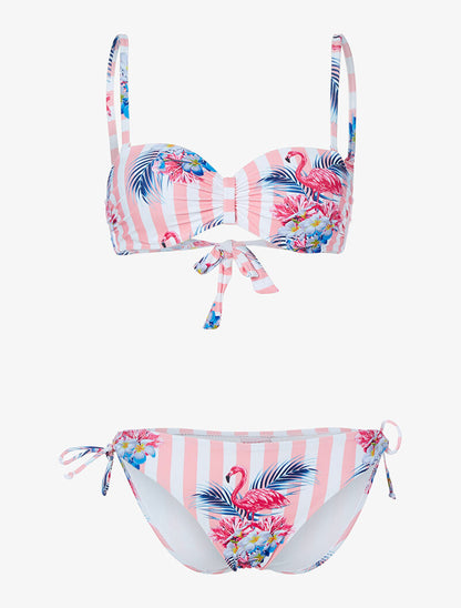 Bikini rayé à imprimé floral - rose orange - 1