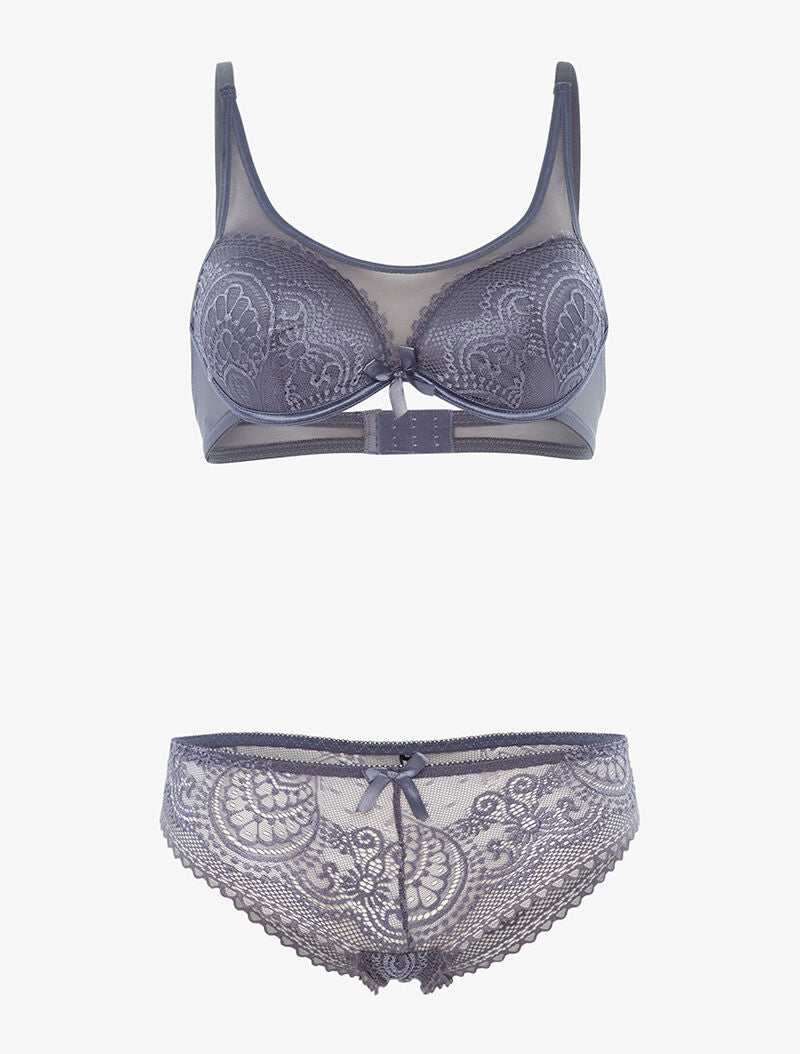 Ensemble en dentelle ajourée et tulle - gris bleuté - 1