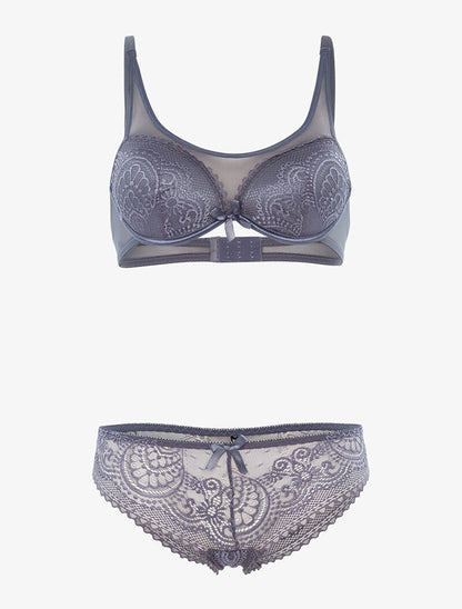 Ensemble en dentelle ajourée et tulle - gris bleuté - 1