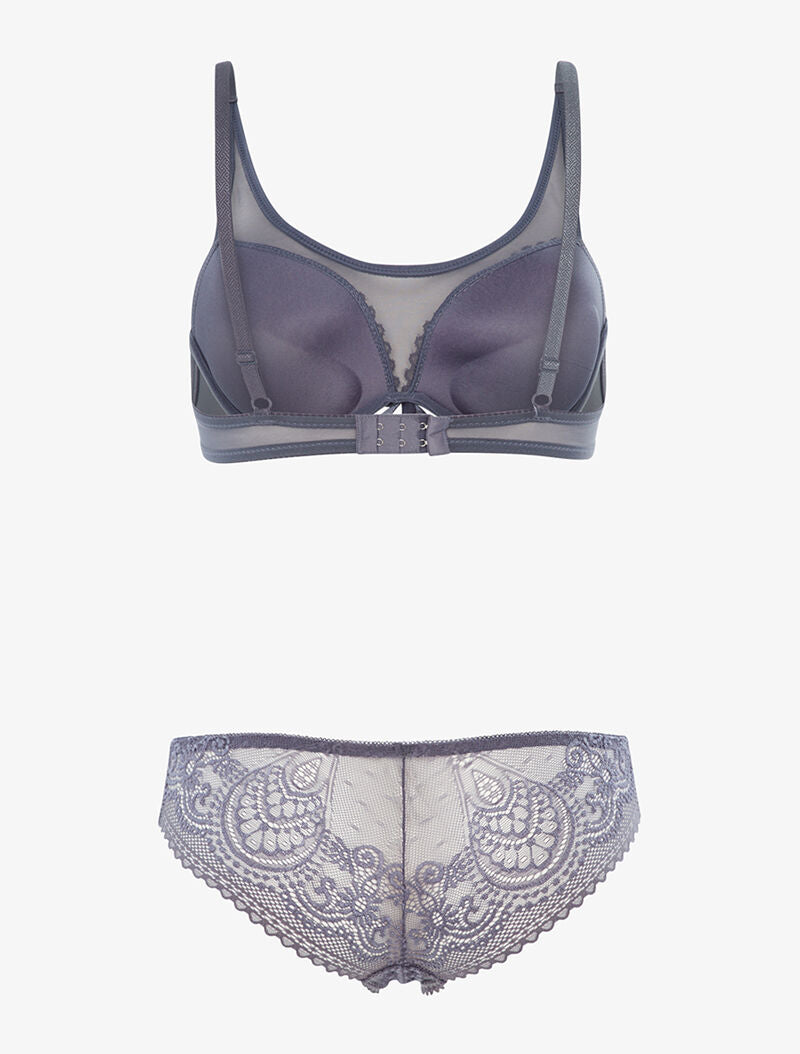 Ensemble en dentelle ajourée et tulle - gris bleuté - 2