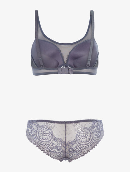 Ensemble en dentelle ajourée et tulle - gris bleuté - 2