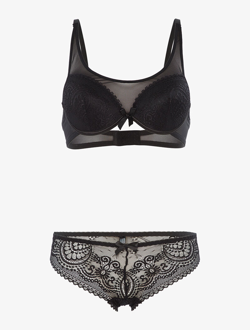 Ensemble en dentelle ajourée et tulle - noir - 1