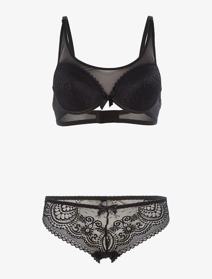 Ensemble en dentelle ajourée et tulle - noir - 1