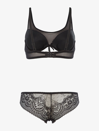 Ensemble en dentelle ajourée et tulle - noir - 2