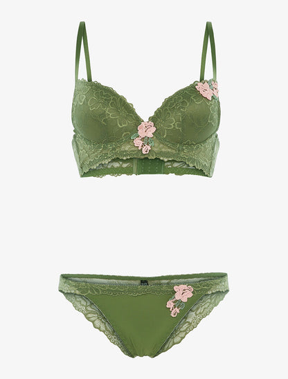 Ensemble SG et tanga empiècement fleurs brodées - kaki - 1
