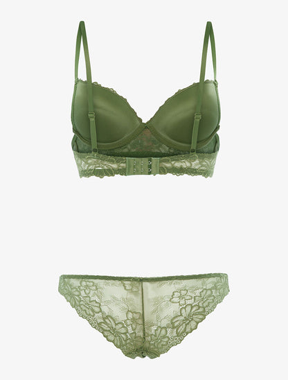 Ensemble SG et tanga empiècement fleurs brodées - kaki - 2