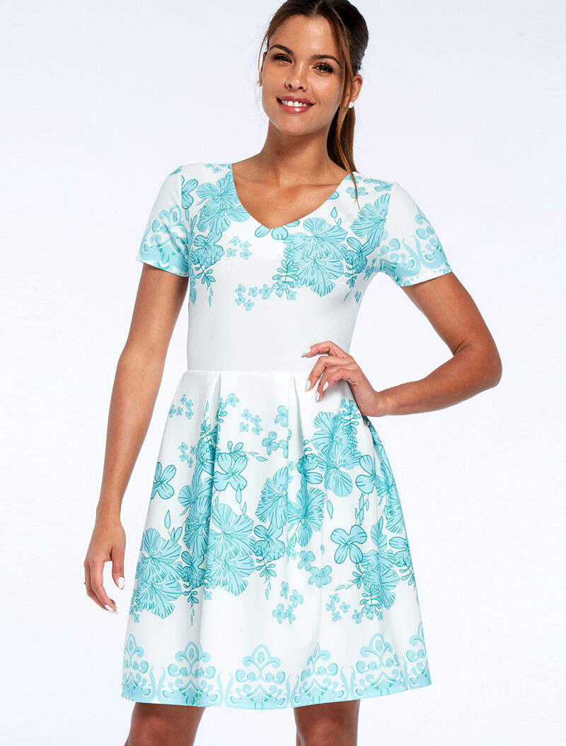 Robe patineuse à fronces et imprimé floral - écru/turquoise - 1