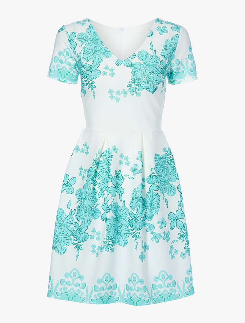 Robe patineuse à fronces et imprimé floral - écru/turquoise - 4