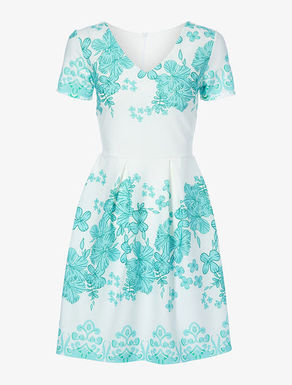 Robe patineuse à fronces et imprimé floral - écru/turquoise - 4