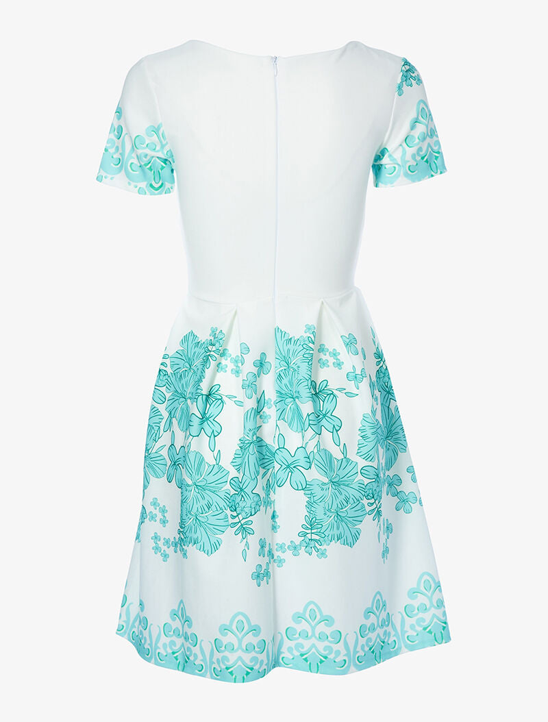 Robe patineuse à fronces et imprimé floral - écru/turquoise - 5