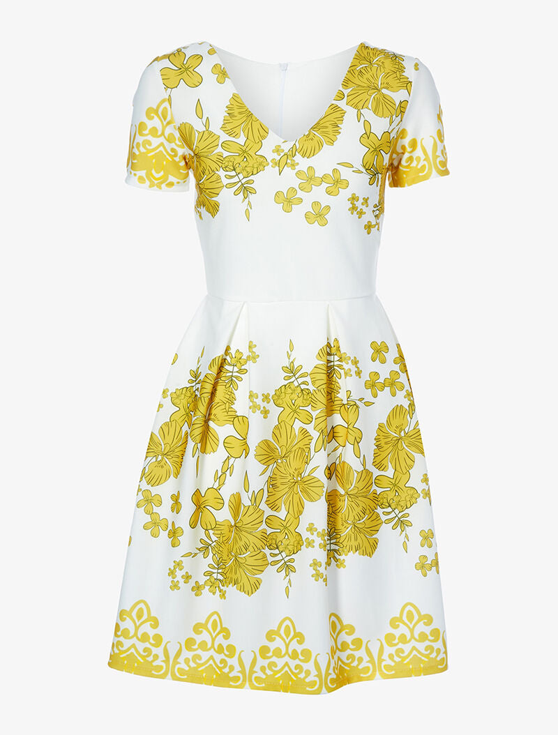 Robe patineuse à fronces et imprimé floral - écru/moutarde - 1