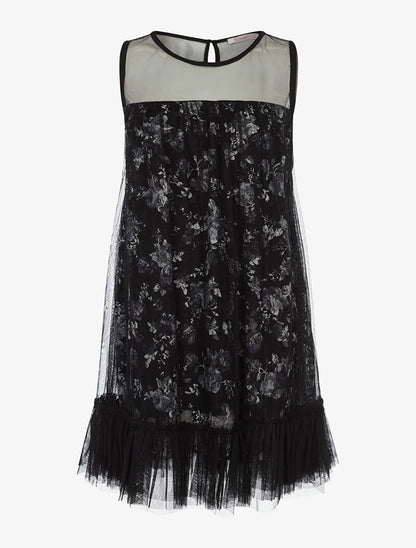 Robe imprimé avec dessus en tulle froncée - noir - 1