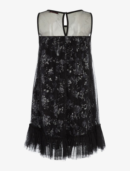 Robe imprimé avec dessus en tulle froncée - noir - 2