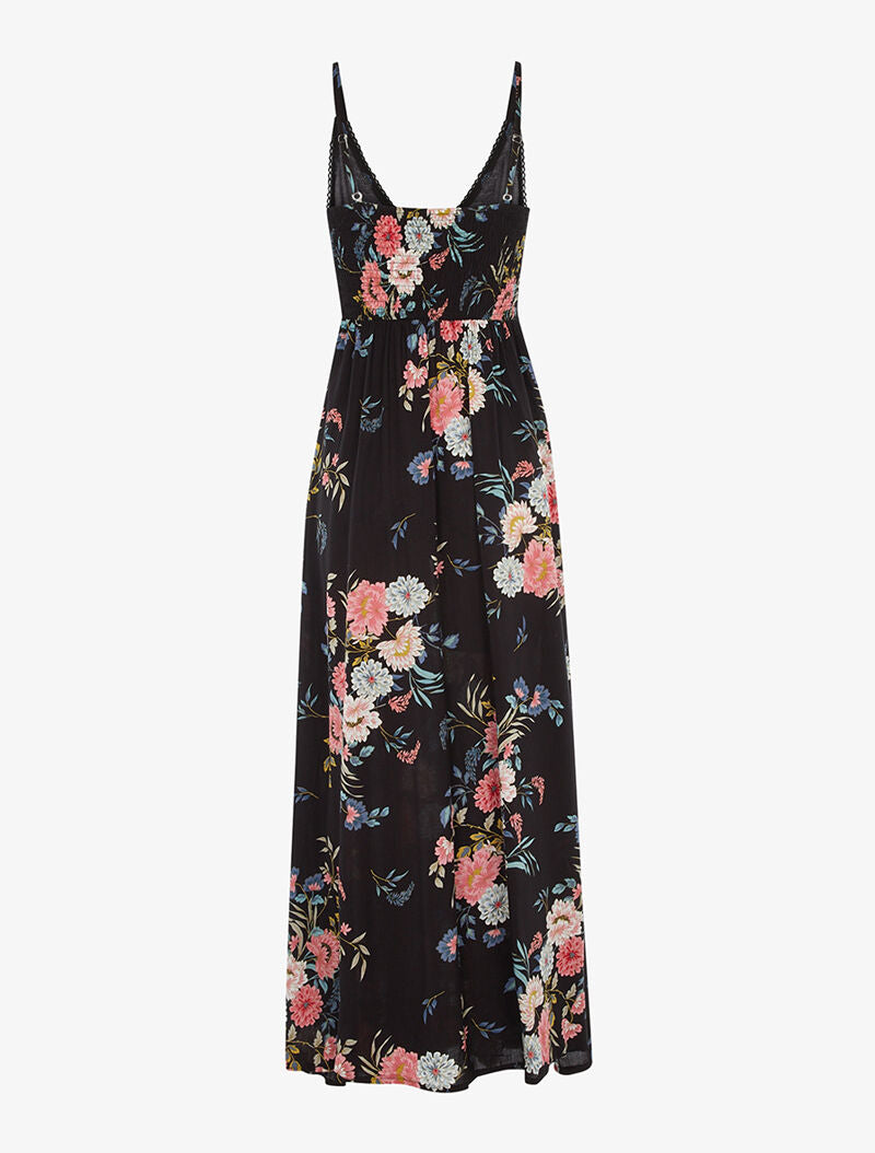 Robe longue fleurie à détails crochet - noir - 2