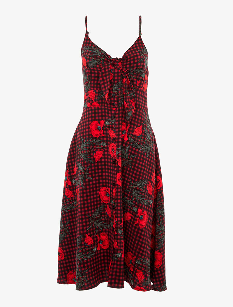 Robe trapèze à carreaux et fleurs - rouge/noir - 1