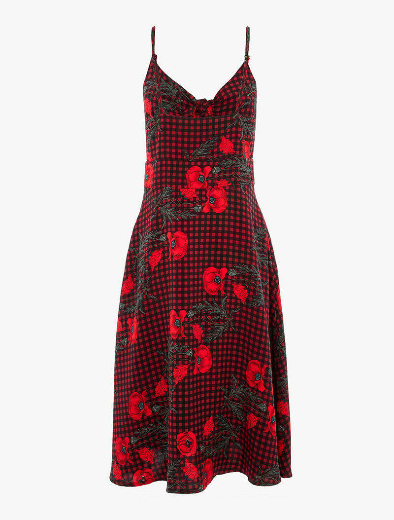 Robe trapèze à carreaux et fleurs - rouge/noir - 2