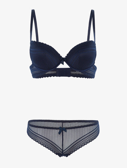 Ensemble dentelle ajourée et tanga - bleu nuit - 1