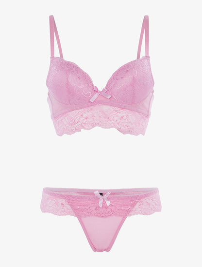 Ensemble soutien gorge bustier en dentelle et string - rose - 1