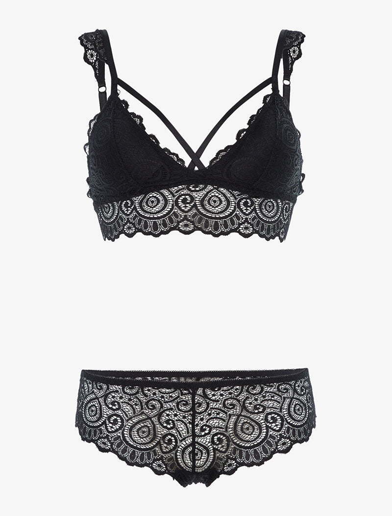 Ensemble à dentelle romantique et tanga - noir - 1