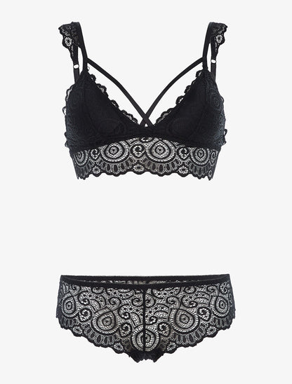 Ensemble à dentelle romantique et tanga - noir - 1