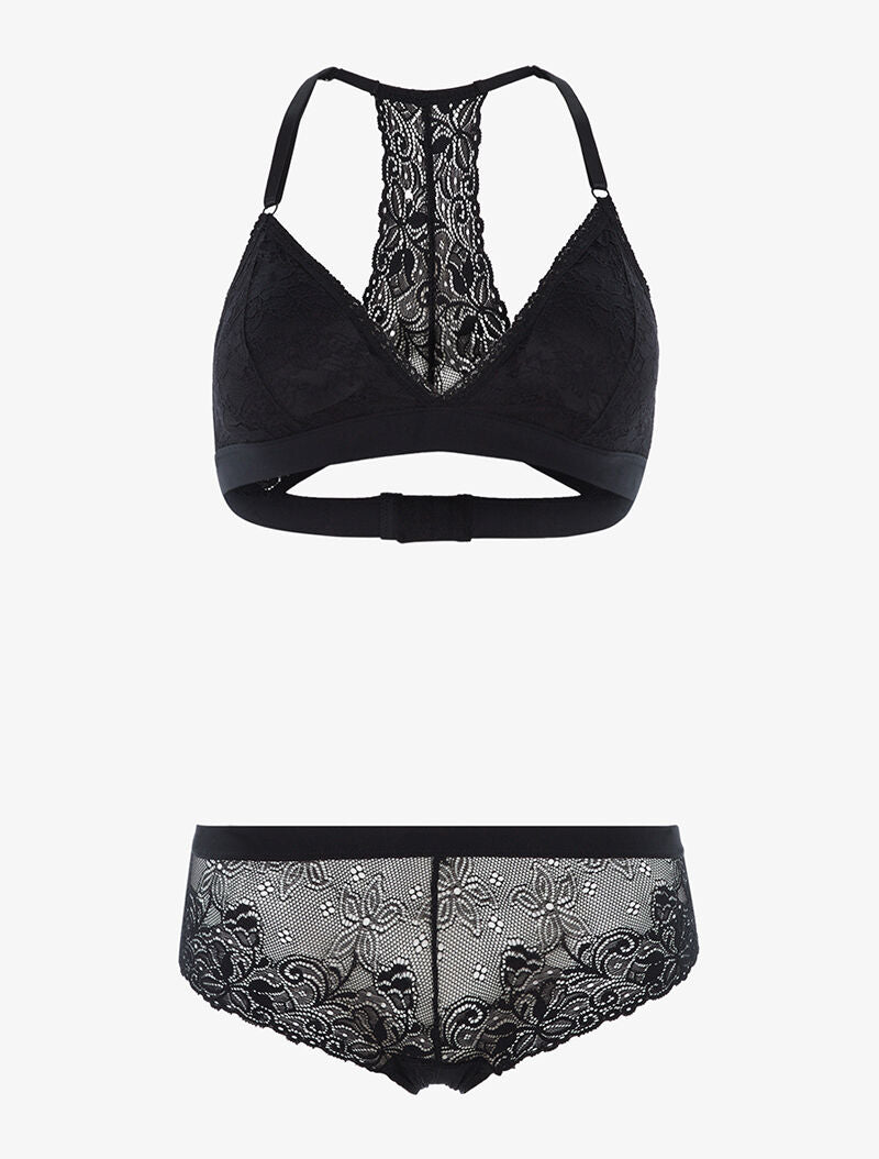 Ensemble triangle dentelle dos nageur et shorty - noir - 1