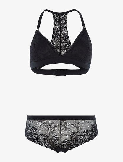 Ensemble triangle dentelle dos nageur et shorty - noir - 1