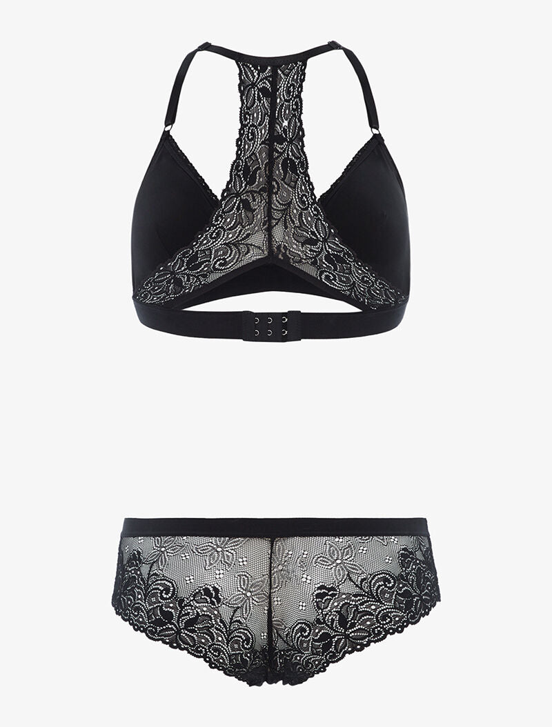 Ensemble triangle dentelle dos nageur et shorty - noir - 2