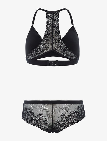 Ensemble triangle dentelle dos nageur et shorty - noir - 2