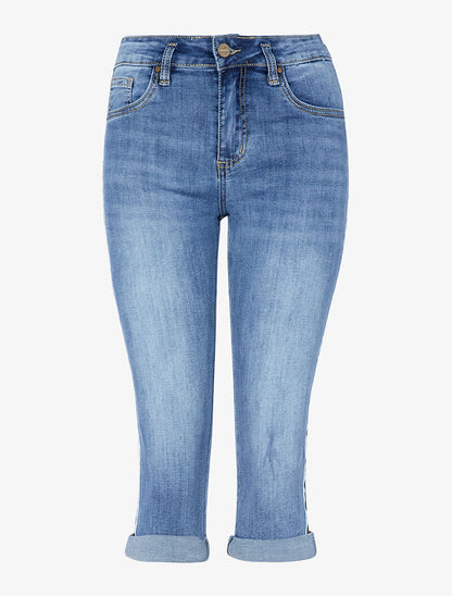 Pantacourt denim à bandes sport - denim clair - 1