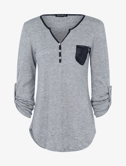 Pull à col boutonné et poche satinée - gris chiné - 3