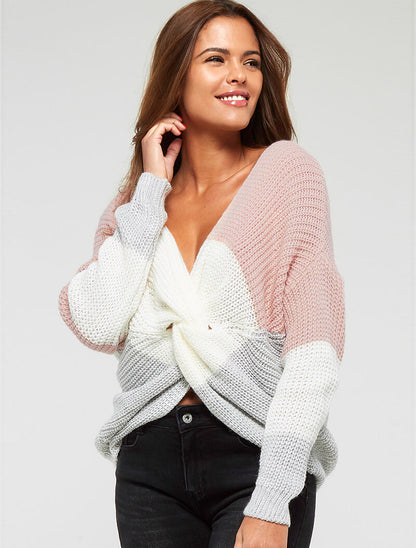 Pull asymétrique tricolore - rose/gris/ecru - 1