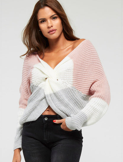 Pull asymétrique tricolore - rose/gris/ecru - 3