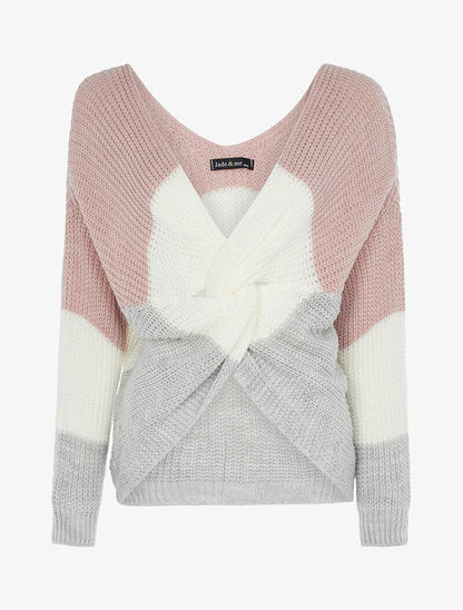 Pull asymétrique tricolore - rose/gris/ecru - 4