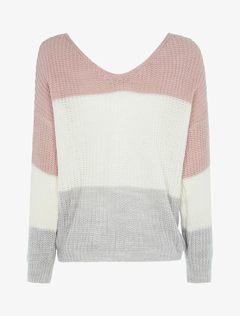 Pull asymétrique tricolore - rose/gris/ecru - 5