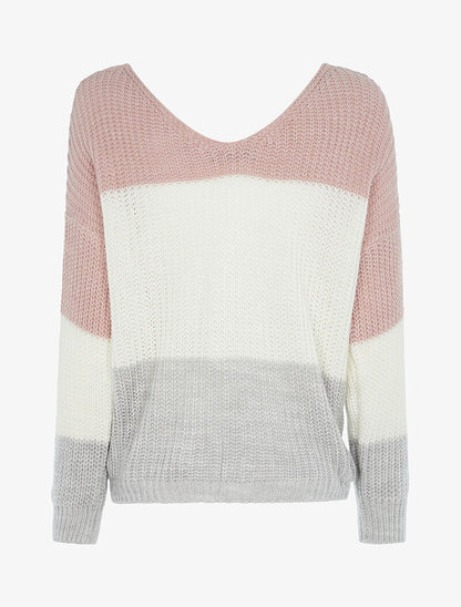 Pull asymétrique tricolore - rose/gris/ecru - 5