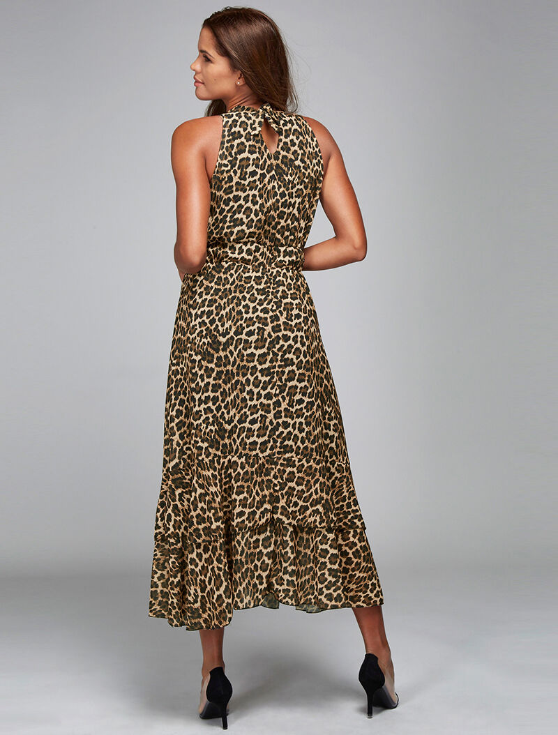 Robe longue léopard nuque à nouer - beige - 3
