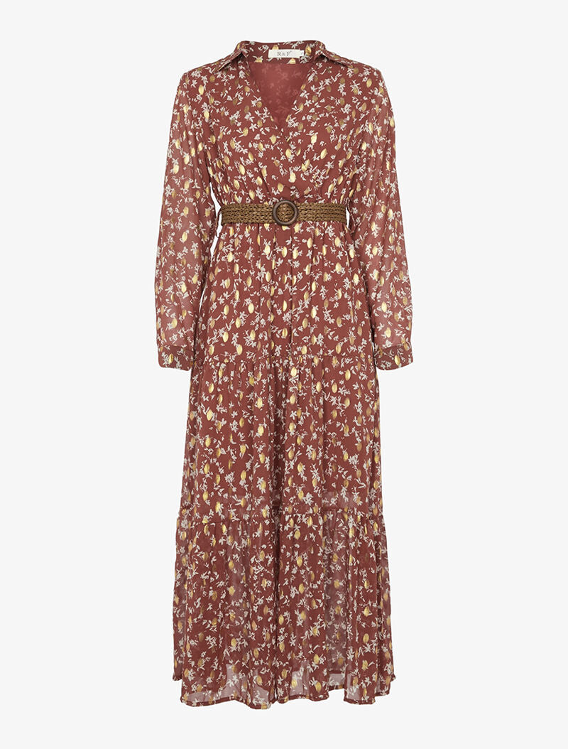 Robe en voile transparent imprimé feuillage doré - brique - 3