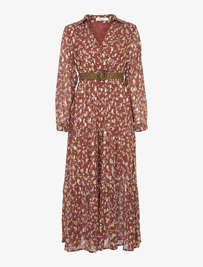 Robe en voile transparent imprimé feuillage doré - brique - 3