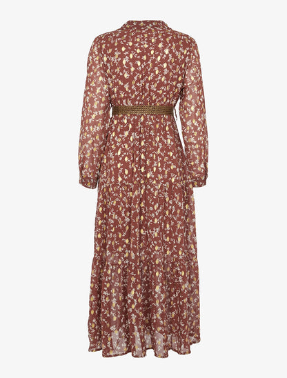 Robe en voile transparent imprimé feuillage doré - brique - 2