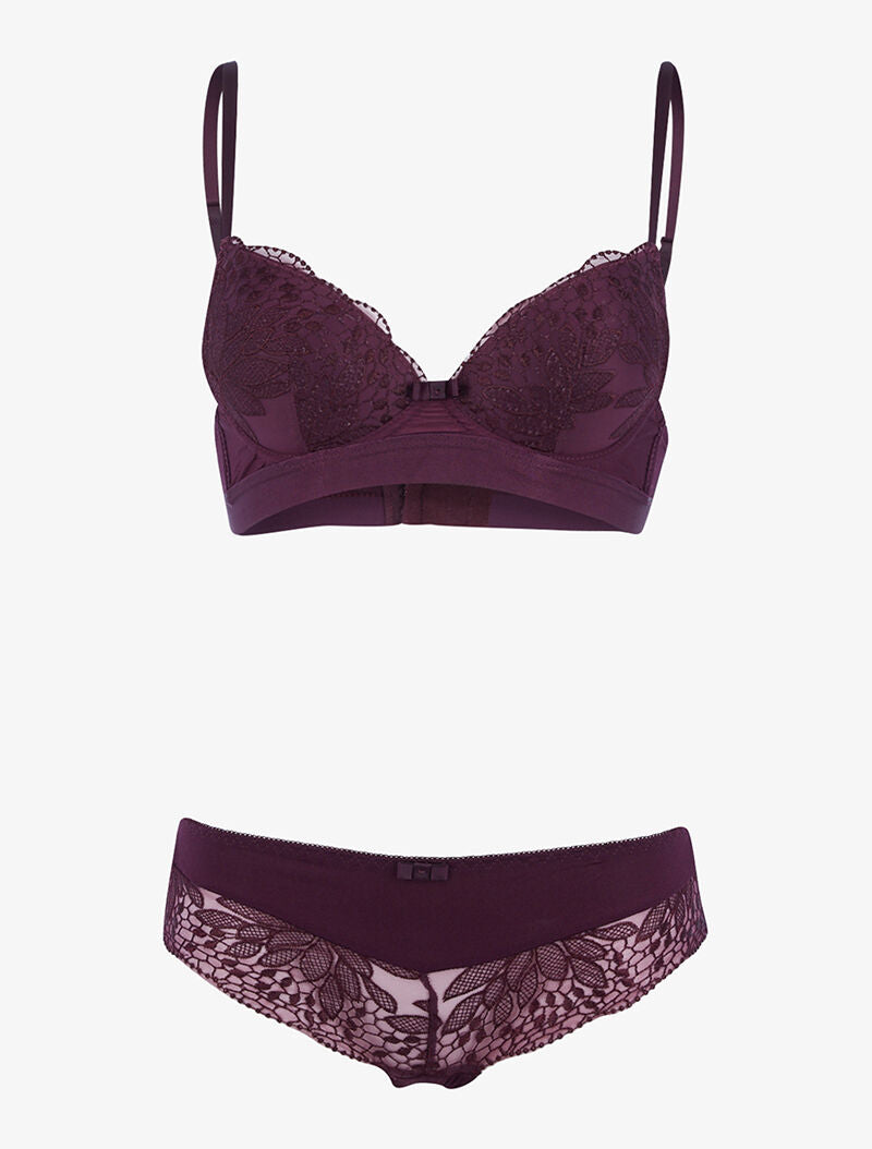 Ensemble à empiècement broderie fleurie - violet - 1