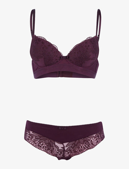 Ensemble à empiècement broderie fleurie - violet - 1