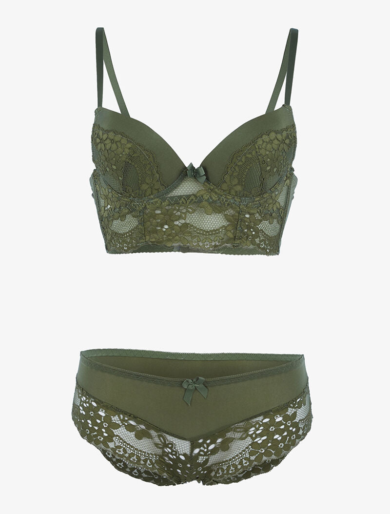 Ensemble bustier en dentelle fleurie - kaki - 3