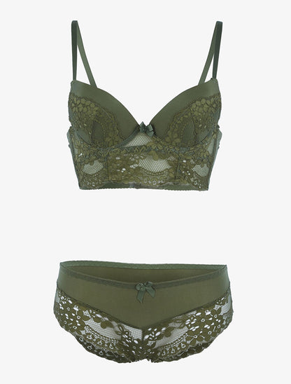 Ensemble bustier en dentelle fleurie - kaki - 3